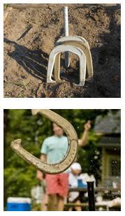Two photos, the top one show several horseshoes leaning against the post and the bottom image of a person throwing one horseshoe.