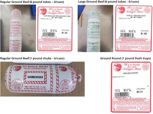 Images of packaged Scanga Meat, regular ground meat, X-L ground beef, and Scanga meat hamburger.