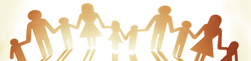 Graphic showing paper cutouts of adults and children all holding hands in the sunlight.