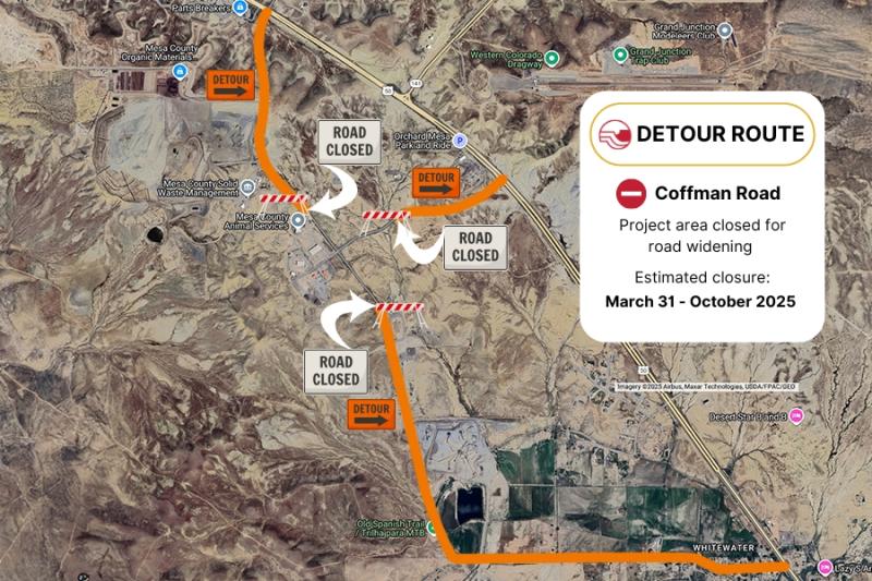 A map of Coffman Road near Mesa County Animal Services showing an orange detour route with black text reading, Road Closure, Coffman Road, Project area closed for road widening, Estimated closure: March 31 - October 2025. 