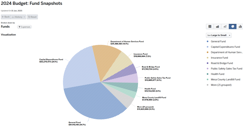 Pie chart graph for 2024 Budget Fund Snapshots broken down by Funds - Expenses (graph data on page).