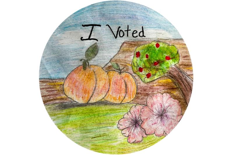 A sticker reading I Voted with a peach tree, flowers and peaches. 