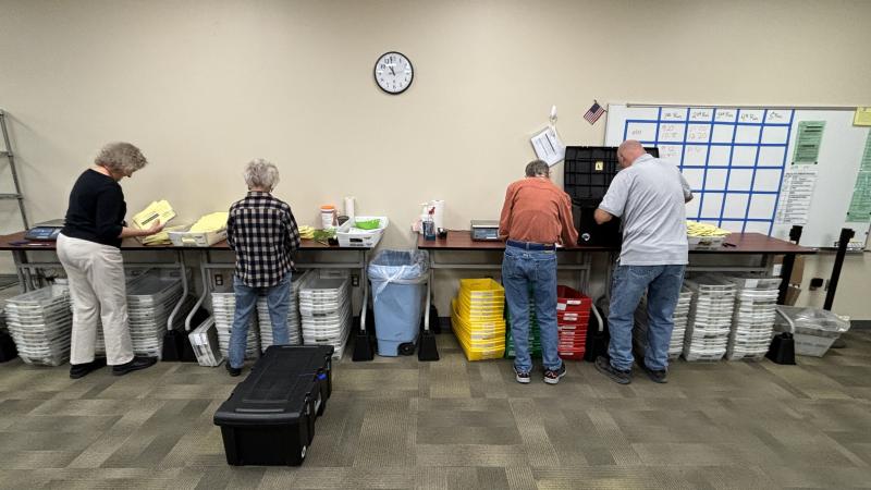 Four election judges standing at tables sorting ballot envelopes into mail trays.