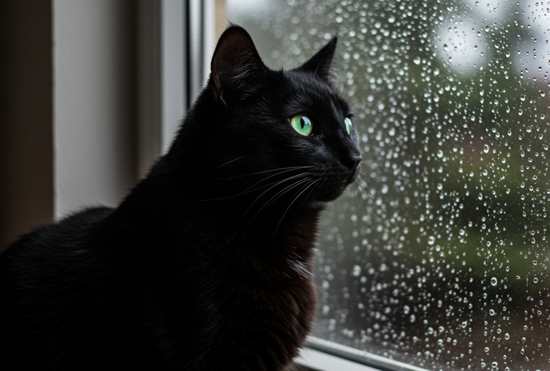 Black cat looking out a window with raindrops on it. 