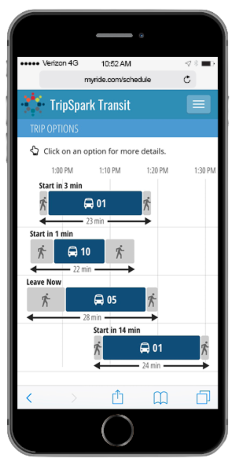 Screen shot of MyRide application on cellphone.  Title is TripSpark Transit with trip options for start time in 3 minutes, 1 minute, or leave now