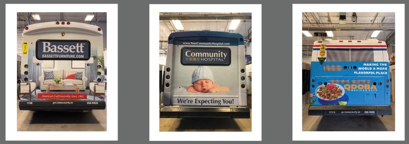 Grand Valley Transit buses with advertising full back of bus with Bassett Furniture and Community Hospital and 2/3 advertising for Qdoba Mexican Eats. 