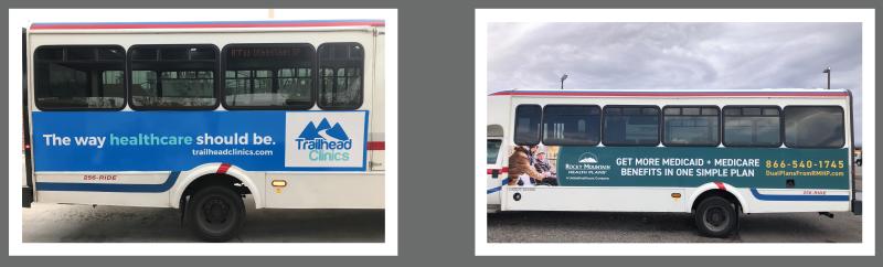 Advertising signs on outside of Grand Valley Transit buses.  Left side with Trailhead Clinics sign and right side with Rocky Mountain Health Plans side.