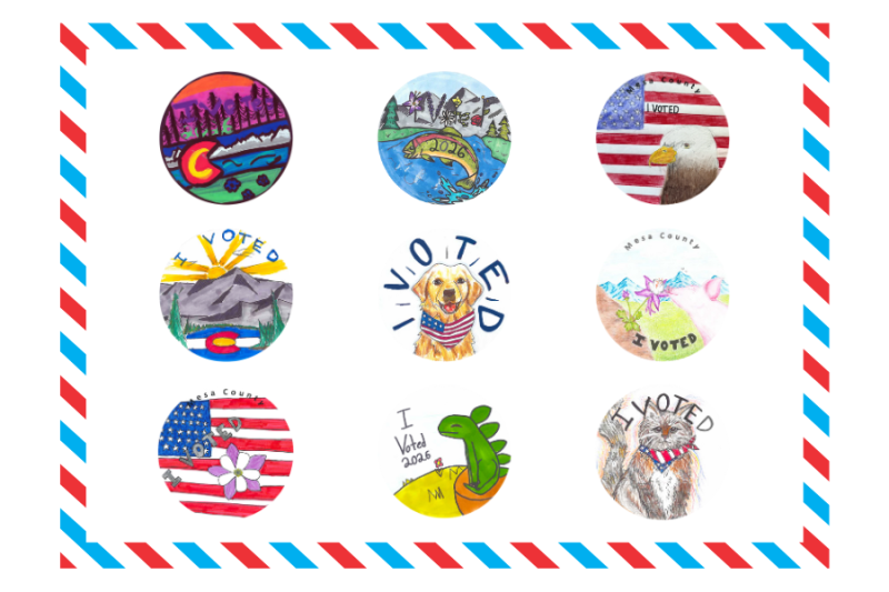 Nine circular I Voted Sticker Designs with a red and blue border around them. 