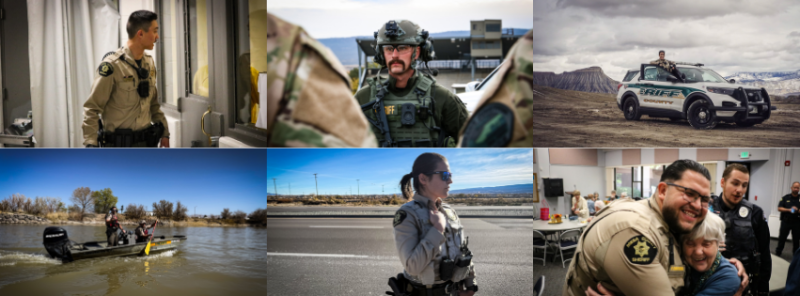 Upper left: A Deputy looks in a detention facility cell. Upper Middle: A male MCSO Deputy stands in full SWAT response gear. Upper Right: A female Deputy stands in the door of her car with Mt. Garfield in the background. Lower Left: RAD deputies take out the boat on the river. Lower middle: A female deputy with brown hair faces profile outside. Lower right: a male deputy hugs a senior female with white hair as they both grin.