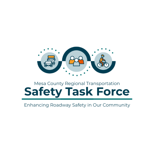 Circles with graphics of drivers, community members, and cyclists above the words Mesa County Regional Safety Task Force Enhancing Roadway Safety in Our Community
