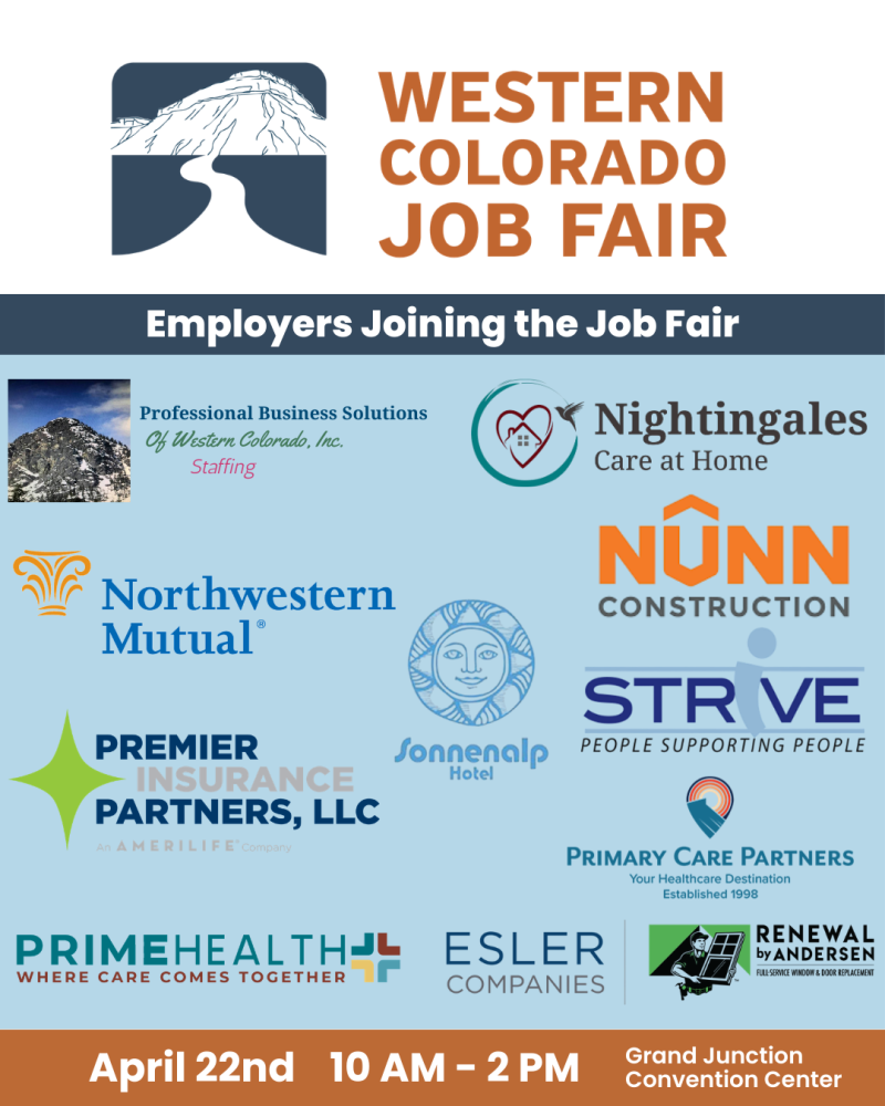 Flyer for the 2026 Western Colorado Job Fair with logos for companies that are attending the fair. April 22nd - 10 AM - 2 PM at the Grand Junction Convention Center