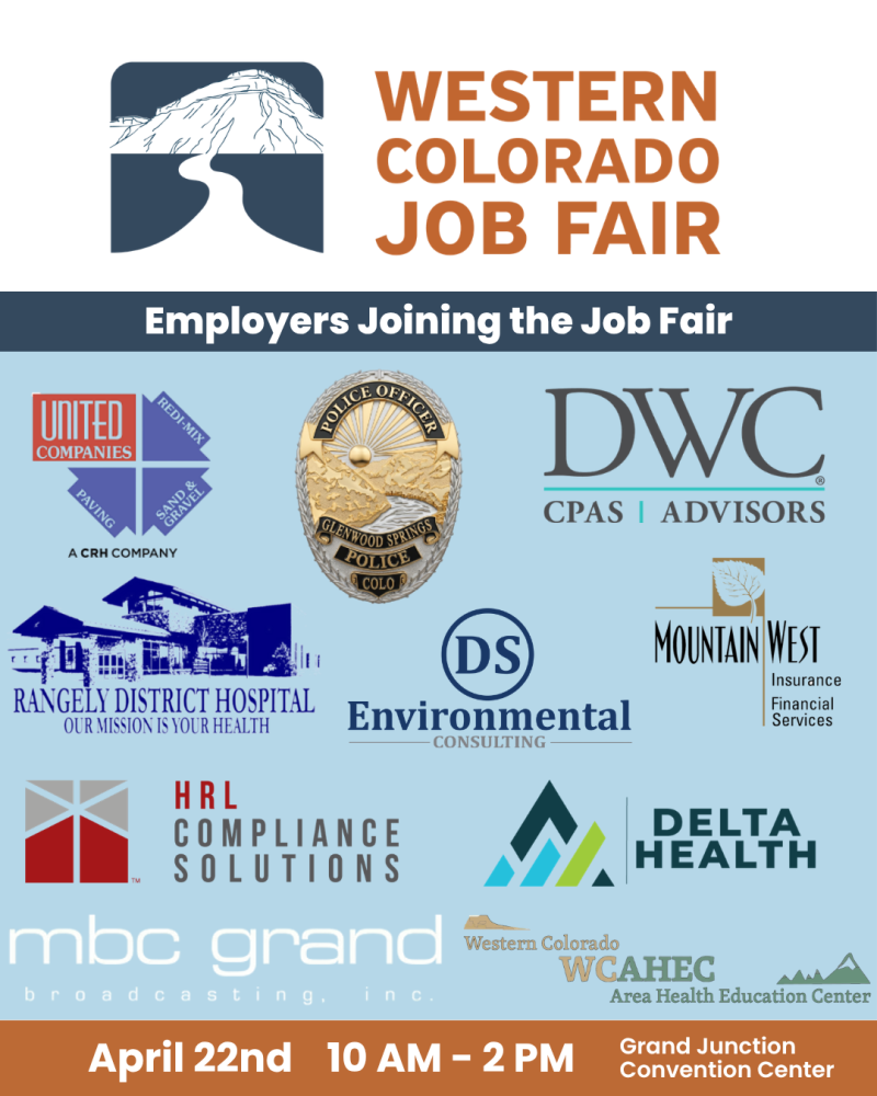 Flyer for the 2026 Western Colorado Job Fair with logos for companies that are attending the fair. April 22nd - 10 AM - 2 PM at the Grand Junction Convention Center