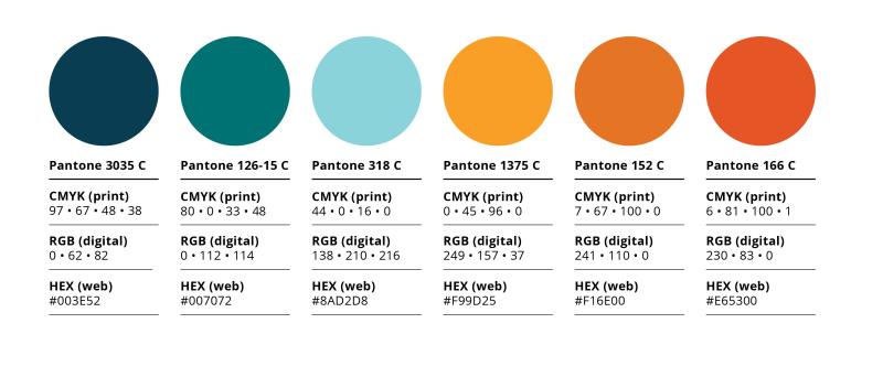 Grand Valley Transit's six brand colors described in Pantone, CMYK, RGB, and HEX