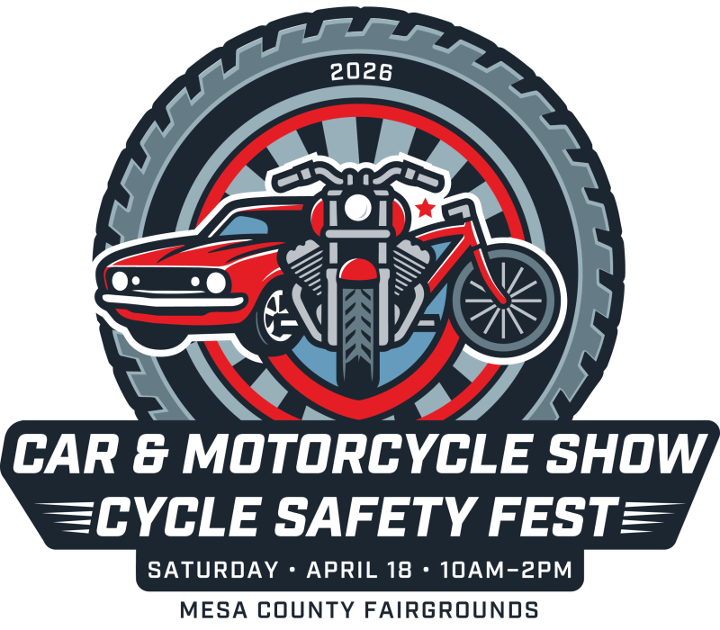 Cycle Safety Fest and Crime Stoppers Car Show Logo with tire background and hot rod, motorcycle, and bicycle in foreground