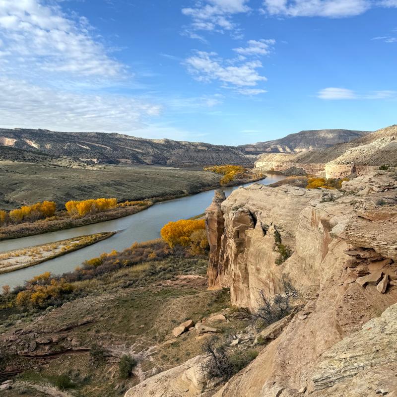 This trail at the Kokopelli trail system is on the edge of a tall sandstone cliff that overlooks the Colorado River with several ridgelines in the distance. The trees down by the river are covered in vibrant yellow cottonwood leaves.