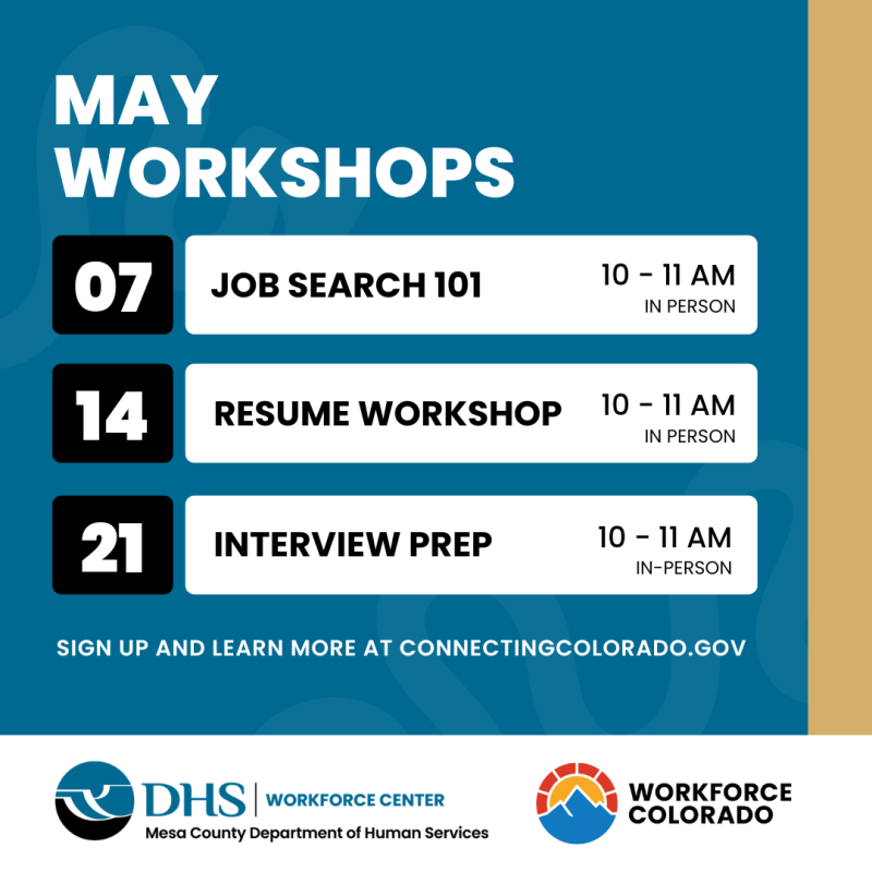 Flyer for May workshops with dates and times for sessions.
