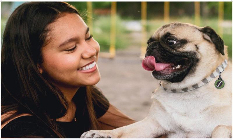 Photograph of a teenage girl with a happy pug.
