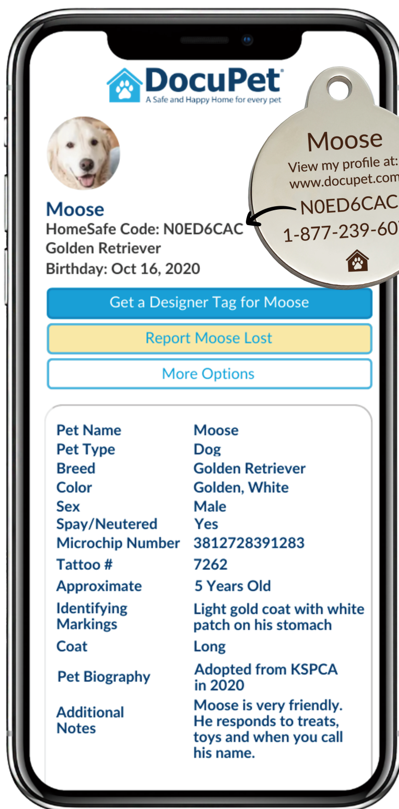 Cellphone with DocuPet application on screen,