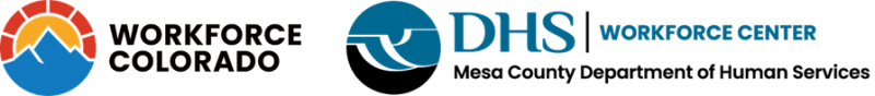 Logos side-by-side for Workforce Colorado featuring a mountain icon, and DHS Workforce Center, Mesa County Department of Human Services.