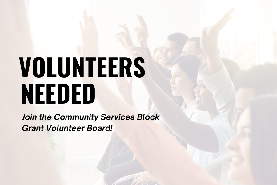People raising their hands with text reading "VOLUNTEERS NEEDED"