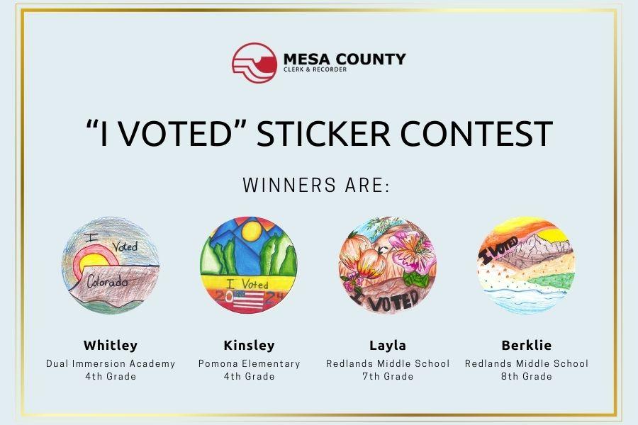 Light blue/grey background with gold border around names and designs of "I Voted" Sticker Design Contest 2024. 