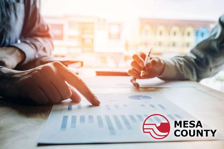 Print out of blue graphs with one hand pointing at a graph and another hand holding a pen with the Mesa County logo on the bottom right of the image. 