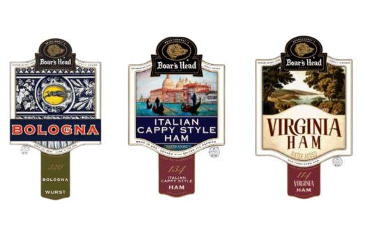 Three Boar's Head product labels for bologna, Italian cappy style ham, and Virginia ham.