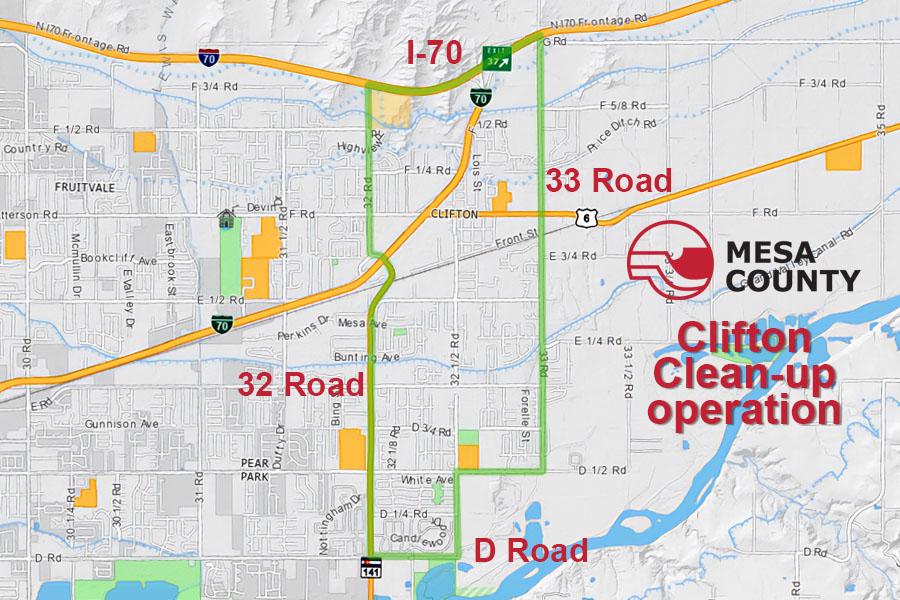 Map of Clifton Colorado with red Mesa County logo and red text reading, "Clifton Clean-Up operation."