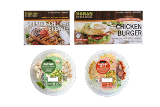 Picture of packaging for BrucePac products under recall including Chipotle Chicken Breasts, Chicken Burger, Marketside Caesar salad, Marketside Santa Fe Style salad