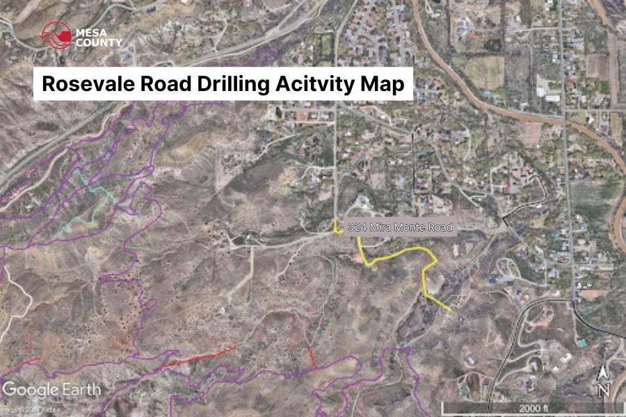 Project map in Mesa County, CO with red Mesa County logo and black text reading, "Rosevale Road Drainage Drilling Activity Map."
