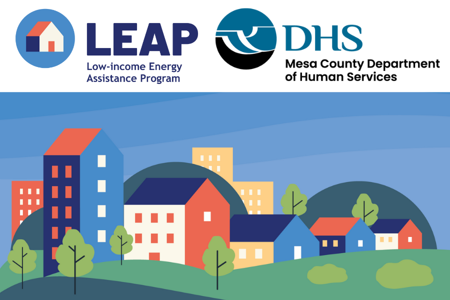 LEAP and Human Services logo with snowy city background
