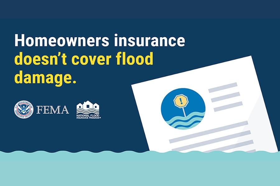 A cartoon of a document floating half-above floodwater next to the text reading Homeowners insurance doesn't cover flood damage.