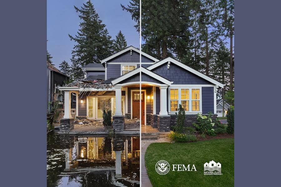 A single-family home with dark blue paint and white trim is split down the middle. On the left side, the front yard is flooded, part of the roof has collapsed, and debris litters the front patio. On the right side, the house is perfectly intact with a lush, green front yard.