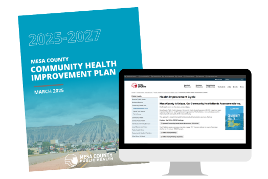 Image of the cover of the Community Health Improvement Plan with a laptop.