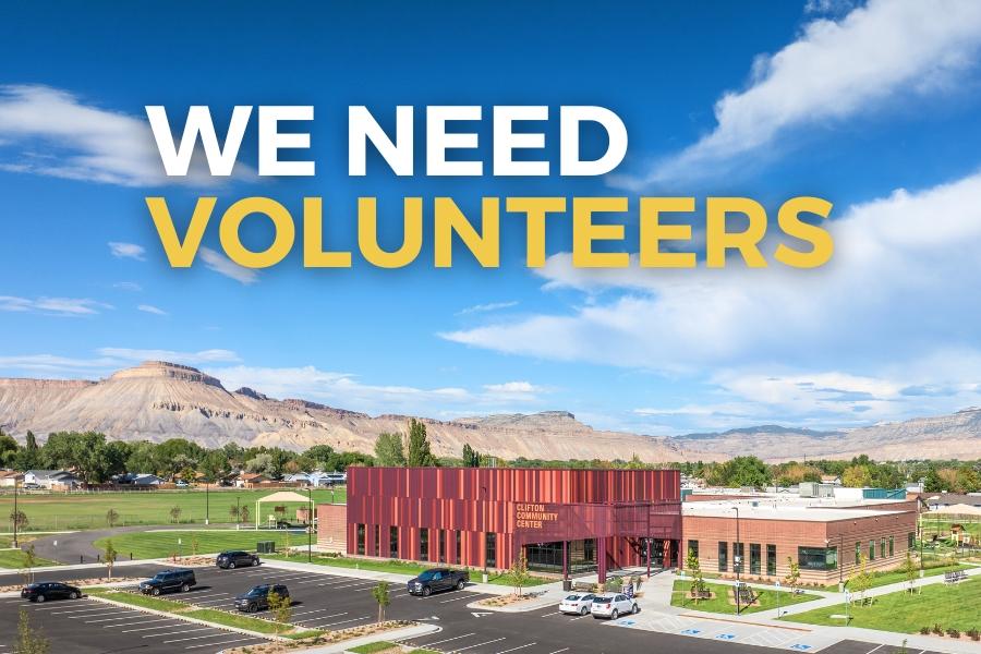 Orange and purple Clifton Community Center building with white and yellow text reading, we need volunteers.