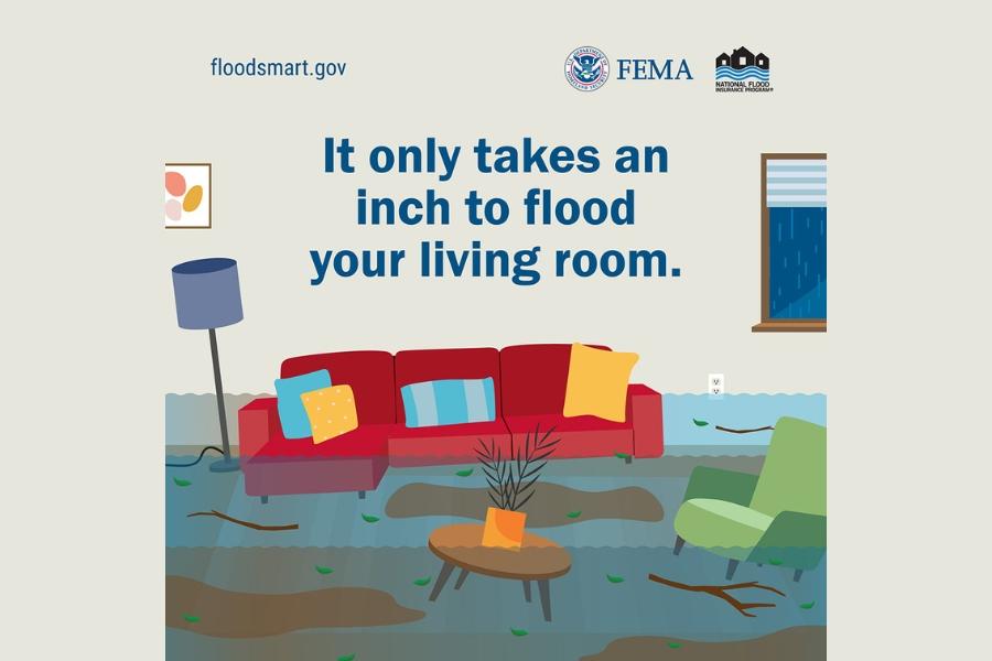 A flooded living room with a lamp, couch, coffee table, and chair floating in the water with blue text reading, it only takes an inch to flood your living room. 
