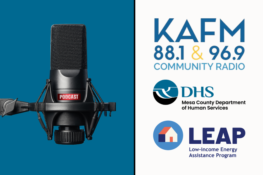 Podcast microphone with KAFM, LEAP & MCDHS logos.