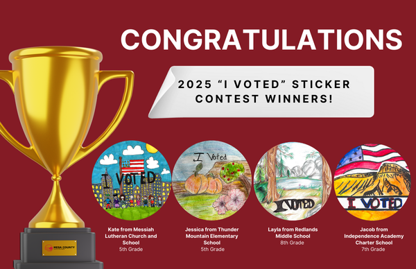 Trophy with white text reading Congratulations 2025 “I Voted” Sticker Contest winners, and 4 round sticker designs below. 