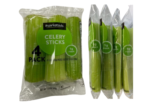 Clear plastic package of Marketside ready-to-eat celery sticks. Side view of four packages of celery bundled together.