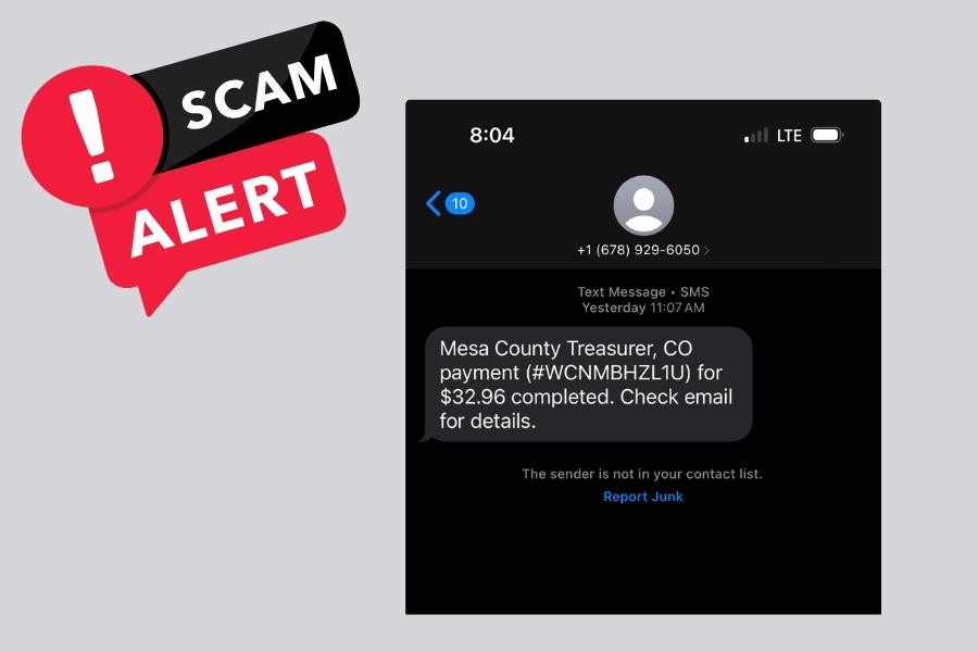 A scam text message with a red and black element reading SCAM ALERT. 