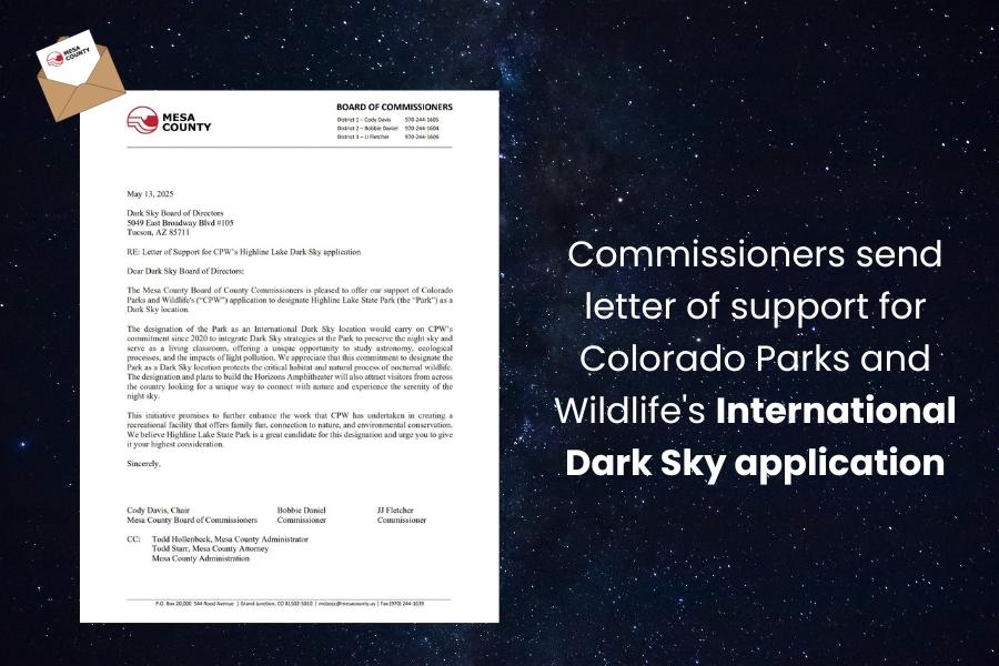 A sky full of stars with a letter on top and white text reading Commissioners send letter of support for Colorado Parks and Wildlife's International Dark Sky application.