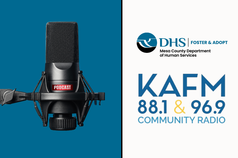 Microphone with KAFM and MCDHS logos on blue background.
