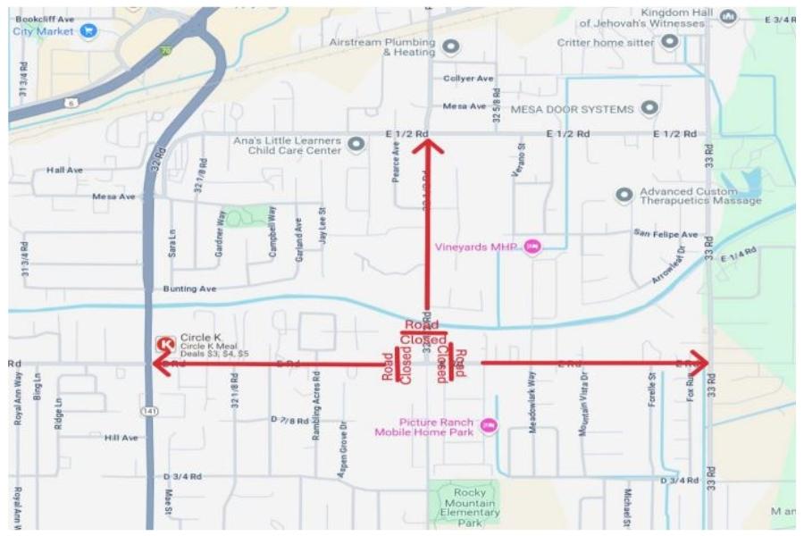 A map showing road closures in Grand Junction, Colorado on E Road from from 32 1⁄2 Road to 33 Road. 