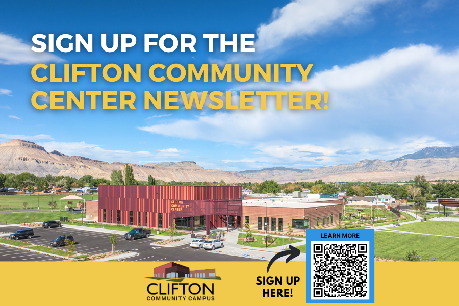 Clifton Community Center image with logo and qr code to sign up for newsletter.