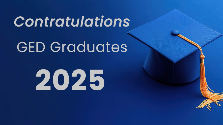 Congrats Grads message on blue background with cap and tassle.