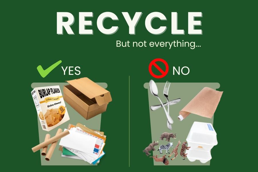 White text reading, RECYCLE But not everything... with one bin showing a cereal box, paper towel rolls, mail, and a shoe box with a green check mark and text reading YES and another bin showing silverware, a Styrofoam egg carton, wax paper, and plastic toys with a red no symbol and white text reading no. 