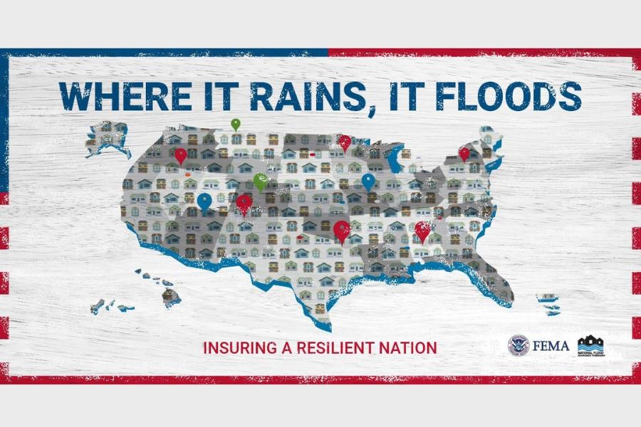 A cartoon map of the United States covered in homes and location pin icons. With phrases around the map reading,  Where it rains, it floods and Insuring a resilient nation.