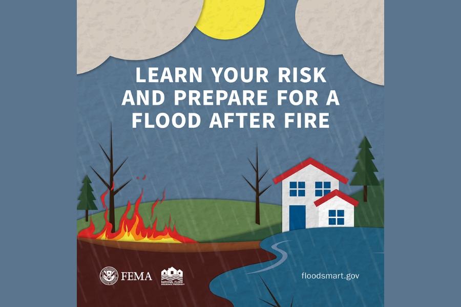 A cartoon of a home sitting in floodwaters, surrounded by flames, smoke, and a burn scar, with text reading Learn your risk and prepare for a flood after fire.