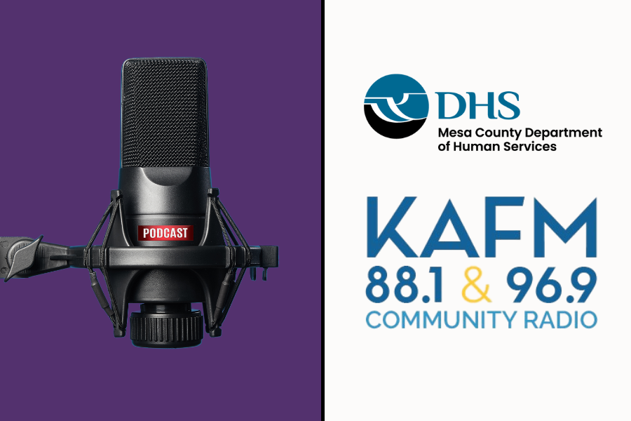 Podcast microphone on purple background with KAFM and DHS logo.