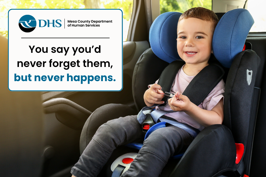 Child in back seat of the car with text: You say you'd never forget them, but never happens